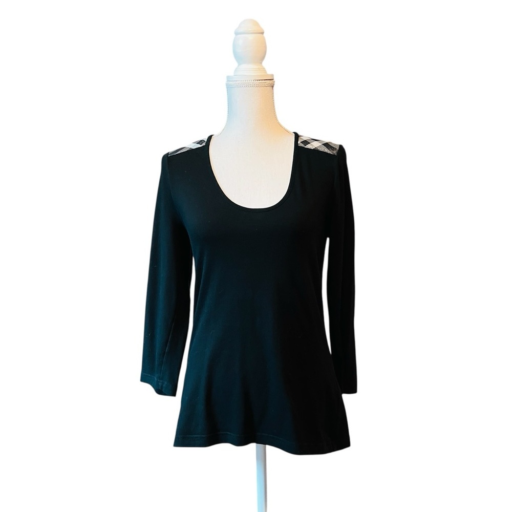 Burberry Black Long-Sleeve Scoop Neck Top with Check Shoulder Tabs SZ Women’s M